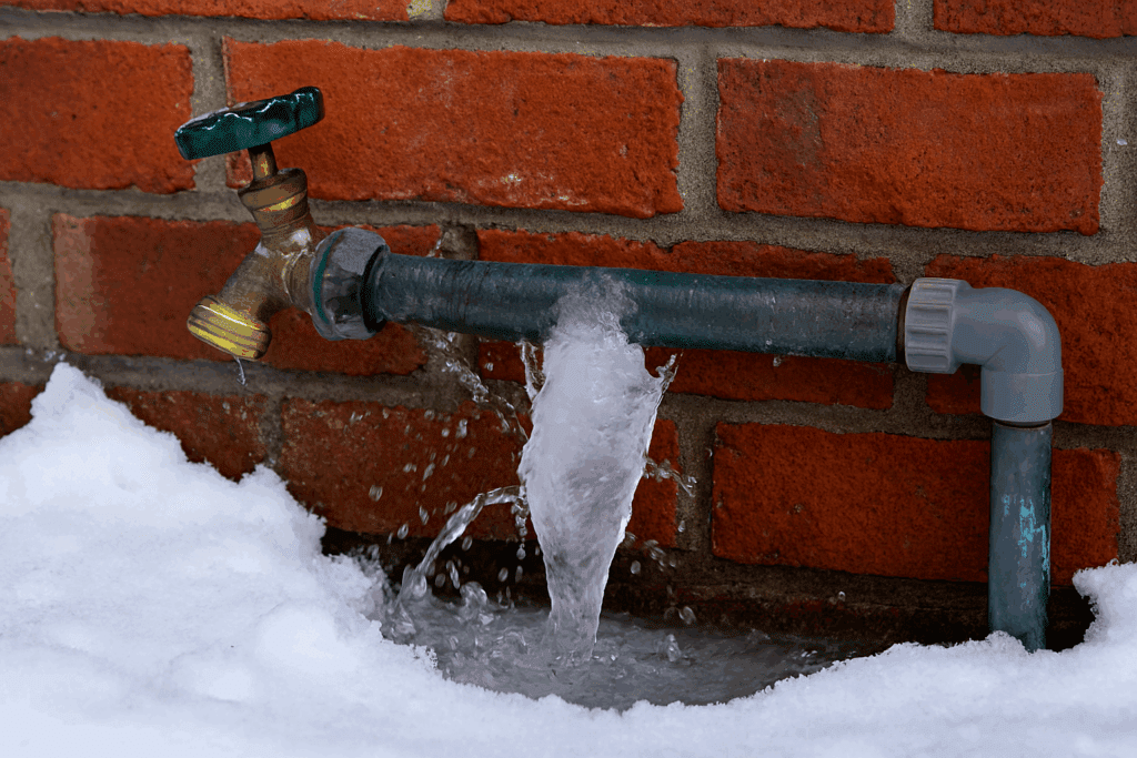 A frozen outdoor pipe showing ice buildup
