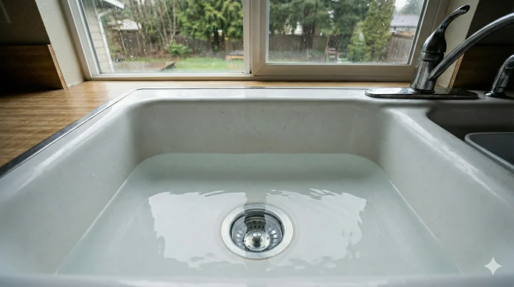 a kitchen sink filled with standing water