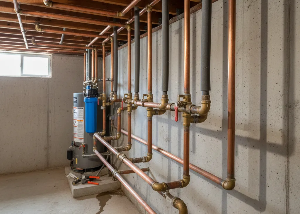 Exposed copper plumbing in basement