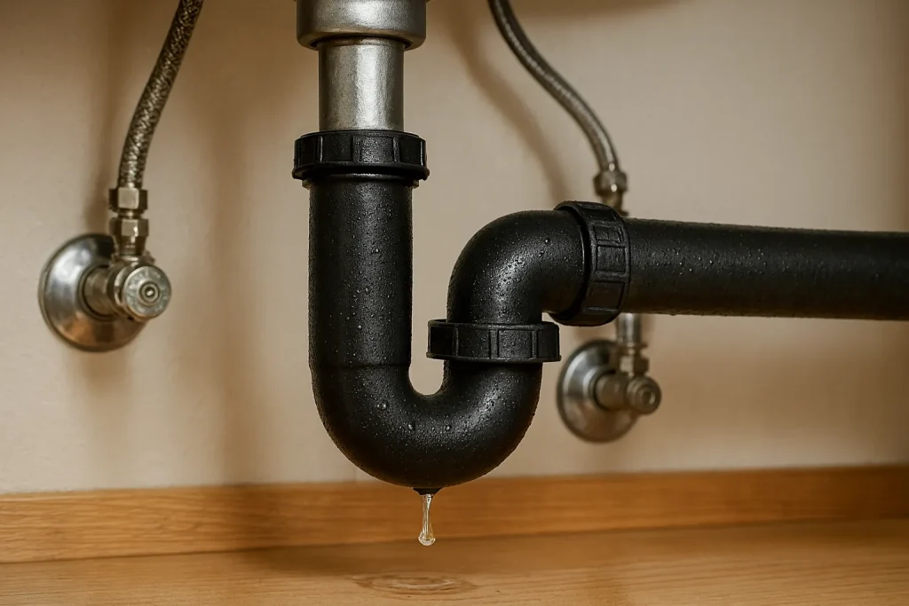 Leaking black P-trap pipe under sink