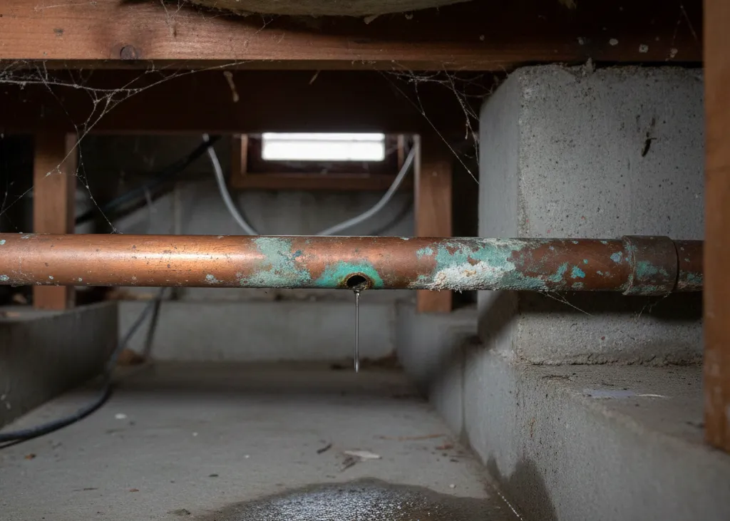 Corroded pipe leaking water underneath home