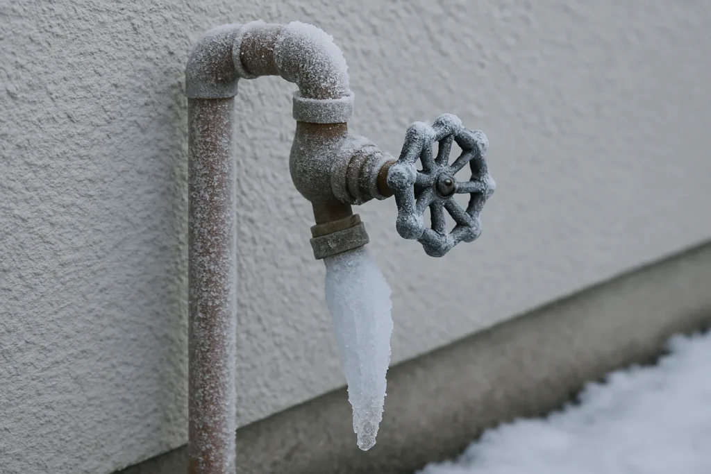 Frozen faucet with icicle formation.