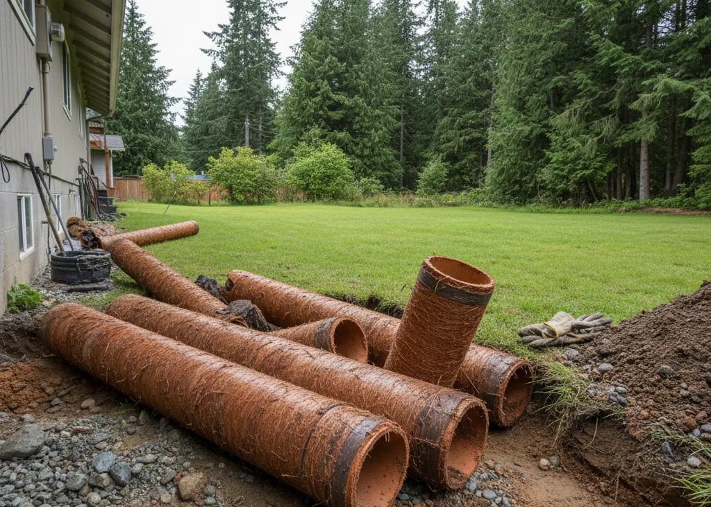Old sewer pipes in grassy yard.
