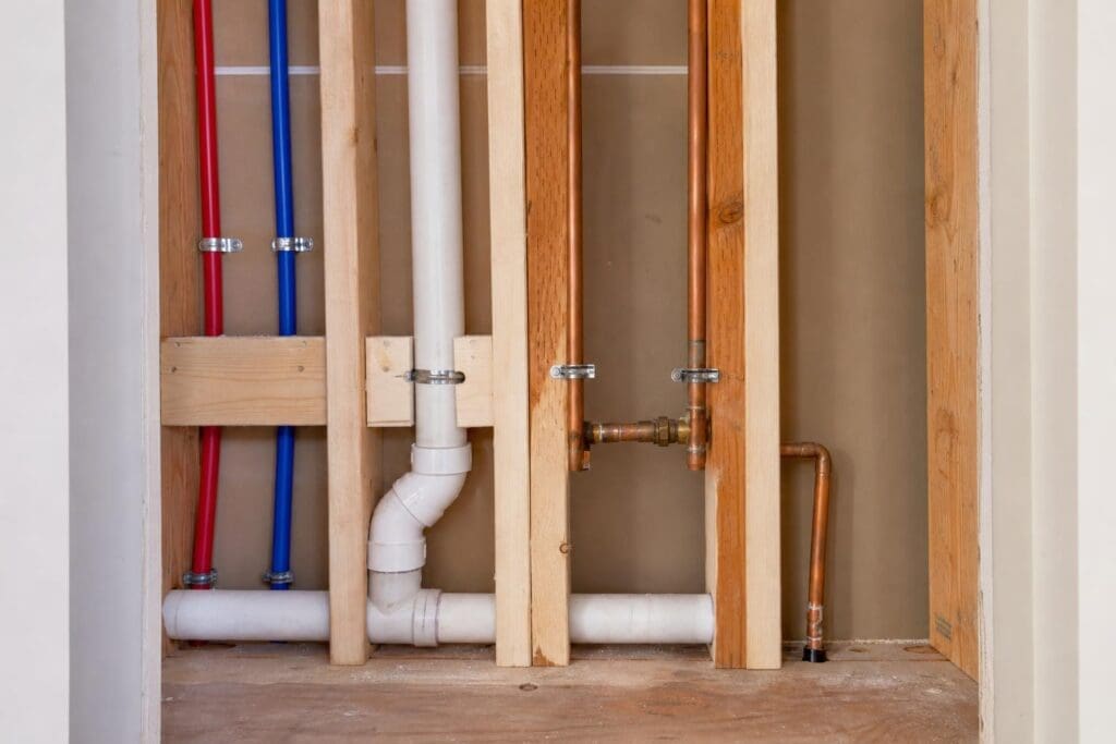 Exposed residential plumbing featuring red and blue PEX tubing, white PVC drain pipes, and copper water lines installed within wooden wall studs.
