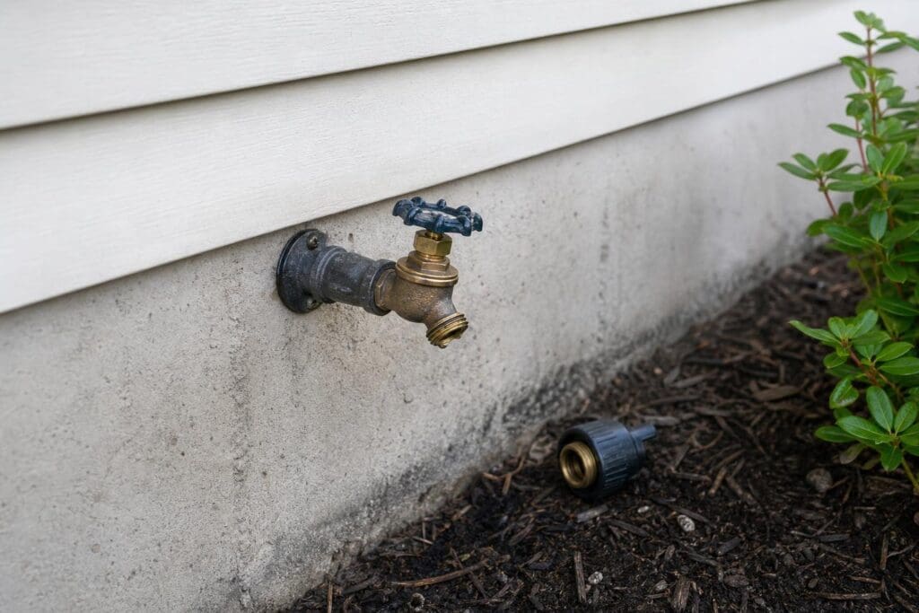 Brass outdoor hose bib with a blue handle mounted on a concrete foundation wall below white siding, with a detached hose connector on the mulch.