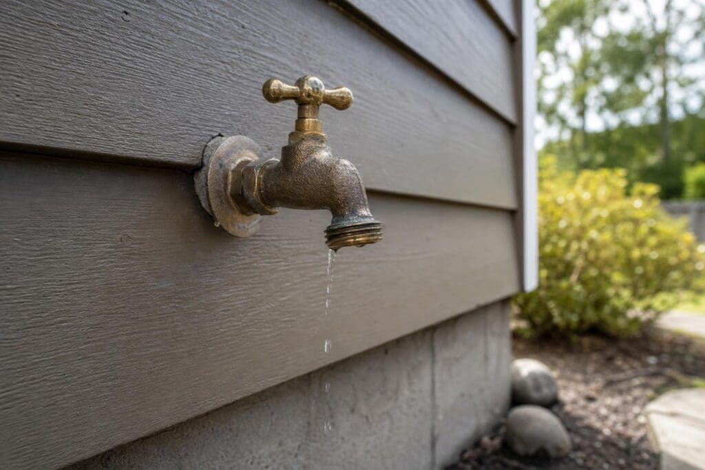 Leaking brass outdoor faucet mounted on brown wood siding with water dripping onto the ground.