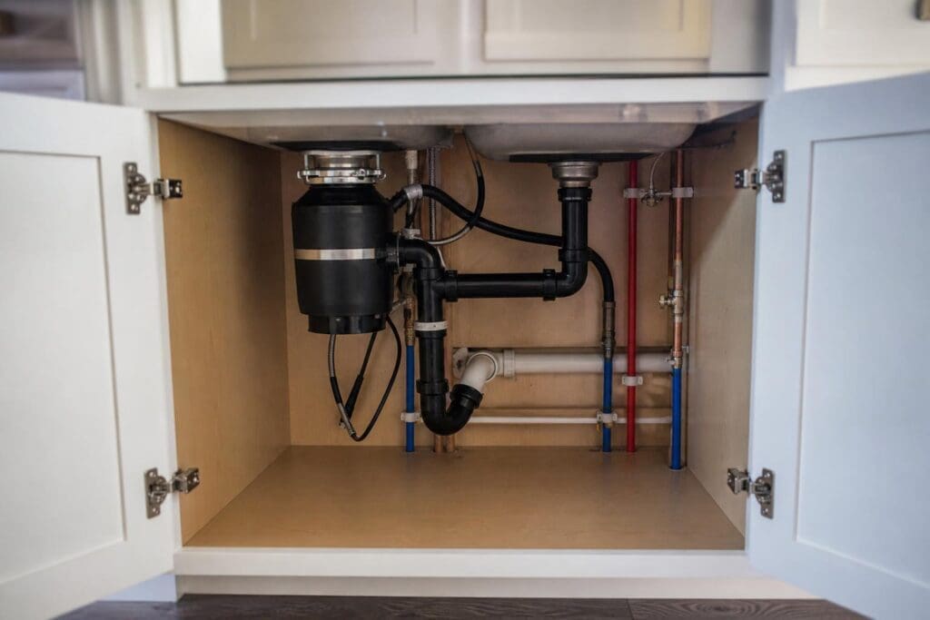Under-sink plumbing featuring a black garbage disposal, P-trap drainage pipes, and color-coded PEX water lines inside a white kitchen cabinet.
