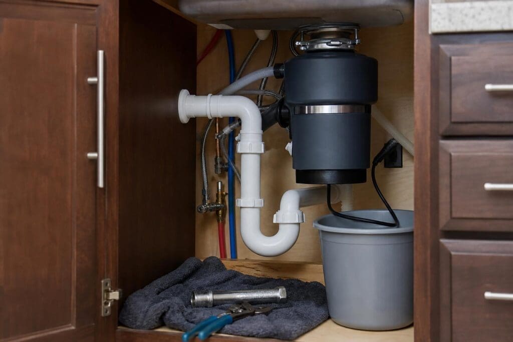 Under-sink plumbing with a garbage disposal, white PVC pipes, a grey bucket, and plumber's tools on a towel inside a wooden kitchen cabinet.