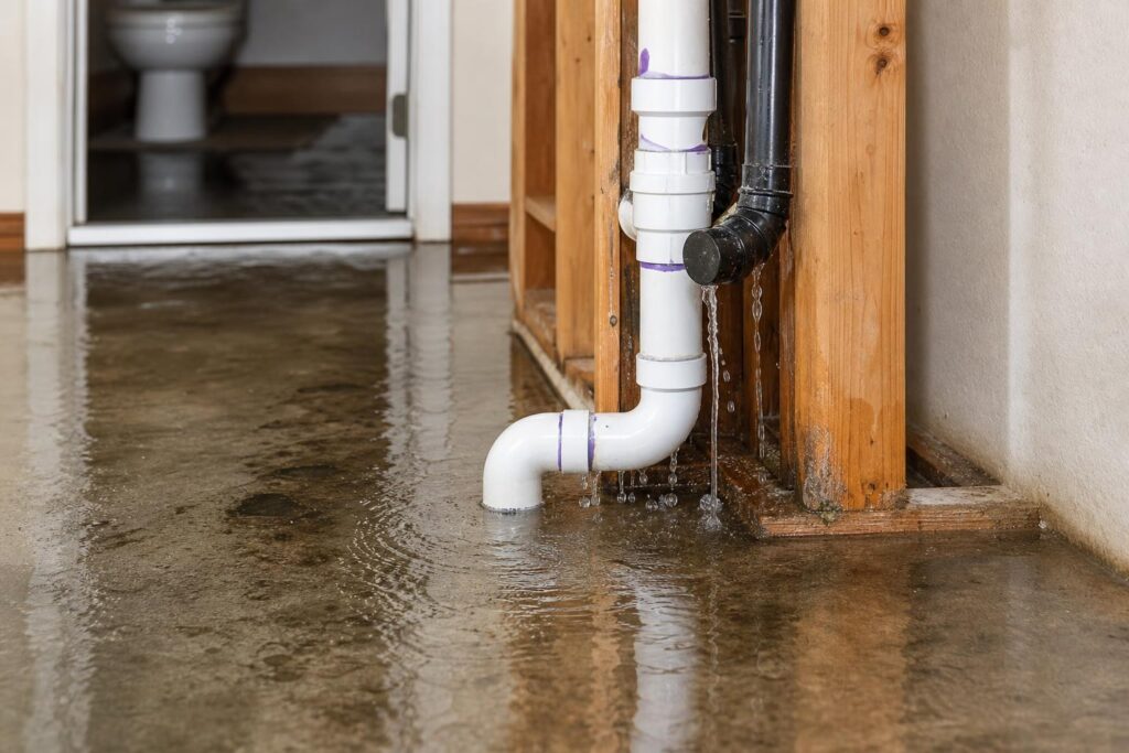 Water leaking from PVC pipes onto a flooded concrete floor next to wooden wall framing in a home.
