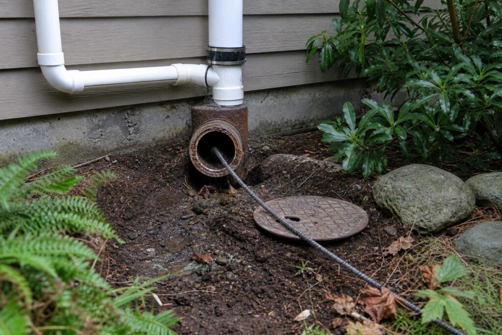Metal plumbing snake inserted into an outdoor cast iron drain pipe cleanout next to a house foundation.