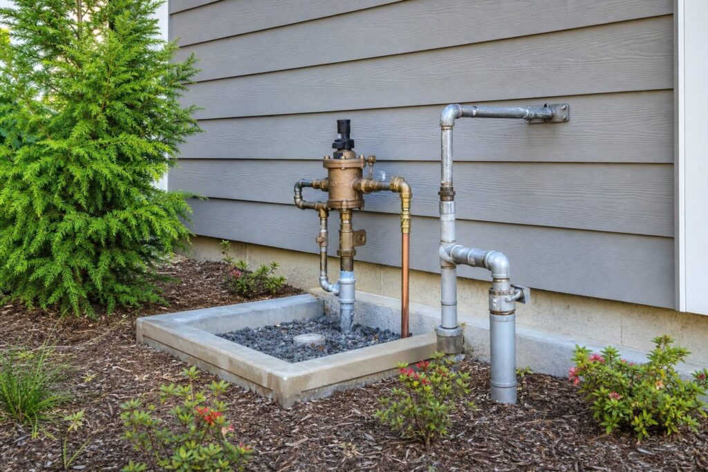 Outdoor brass backflow preventer and silver metal plumbing pipes installed against grey house siding in a landscaped garden bed.