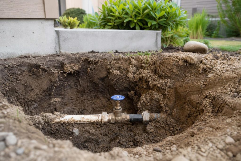 Exposed water service line with a brass shut-off valve and blue handle inside a deep dirt trench next to a house foundation.